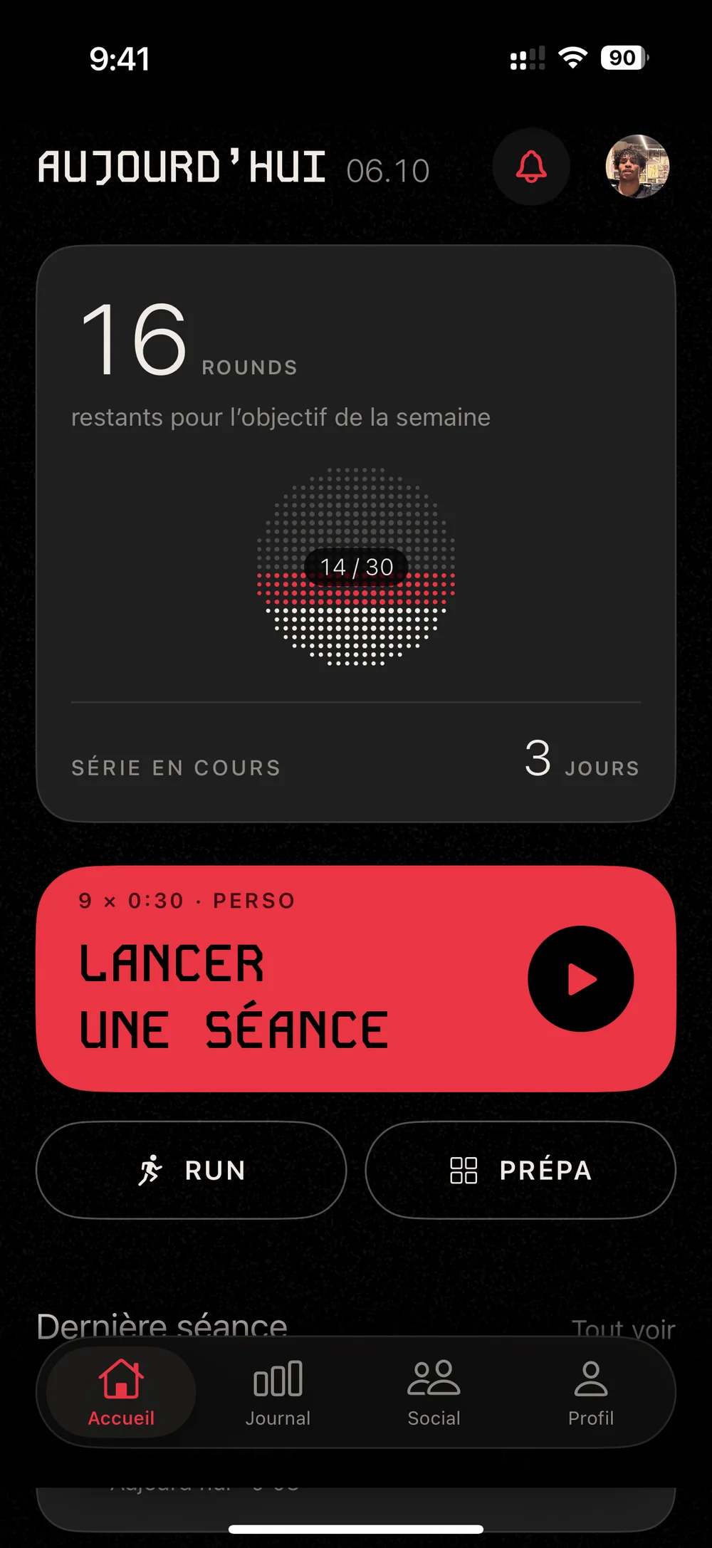 Écran d’accueil de RNDS : 16 rounds restants pour l’objectif de la semaine, série de 3 jours, bouton Lancer une séance.