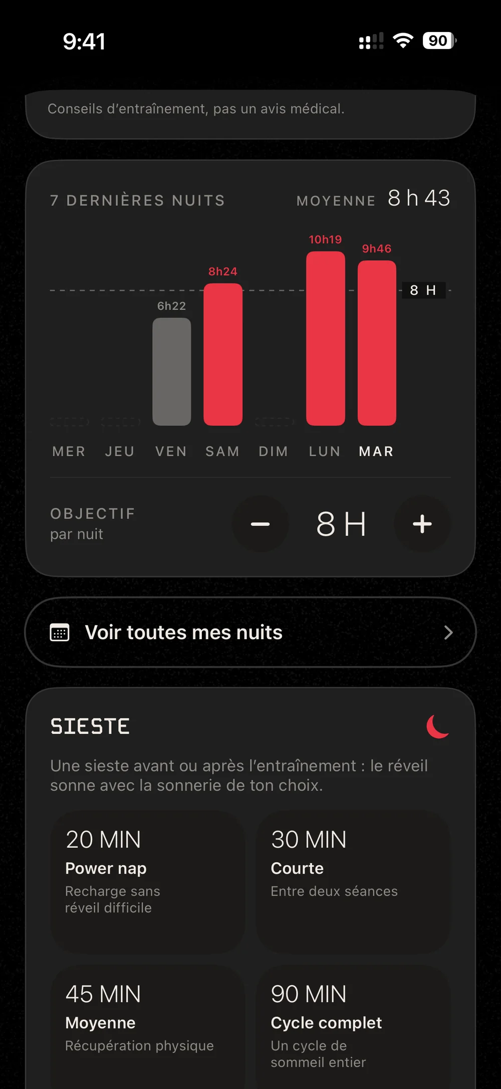Les sept dernières nuits face à l’objectif de 8 heures, et les siestes avec réveil.